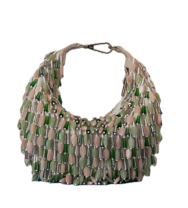 Beaded Micro Hobo Bag, Crescent Shape, Peach and Jade Green, Gold-Tone Hardware, Evening Clutch