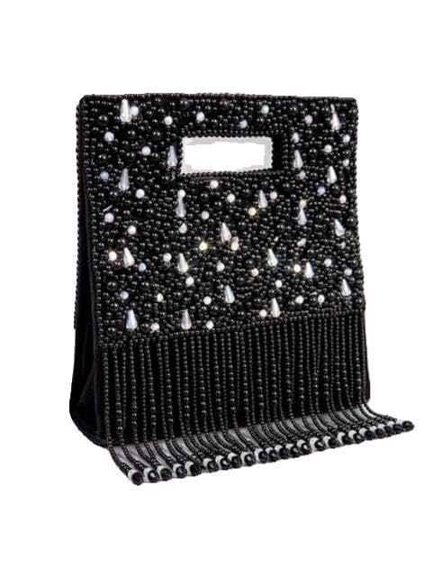 Beaded Clutch Handbag, Black, Pearl and Crystal Embellishments, Fringe Tassels, Structured Top Handle, Evening Bag for Women