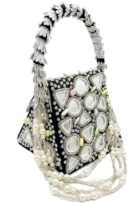 Pyramid-Shaped Mirror Work Evening Bag, Black, Geometric Crystal Embellished Clutch with Pearl Strands