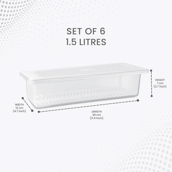 MILTON-Cryo Fridge Storage Boxes Set of 6 Fridge Organizer Container with Waterproof Vinyl Stickers & Removable Drain Plate, Lid, Stackable Box, Plastic Containers 1500 ml, Transparent