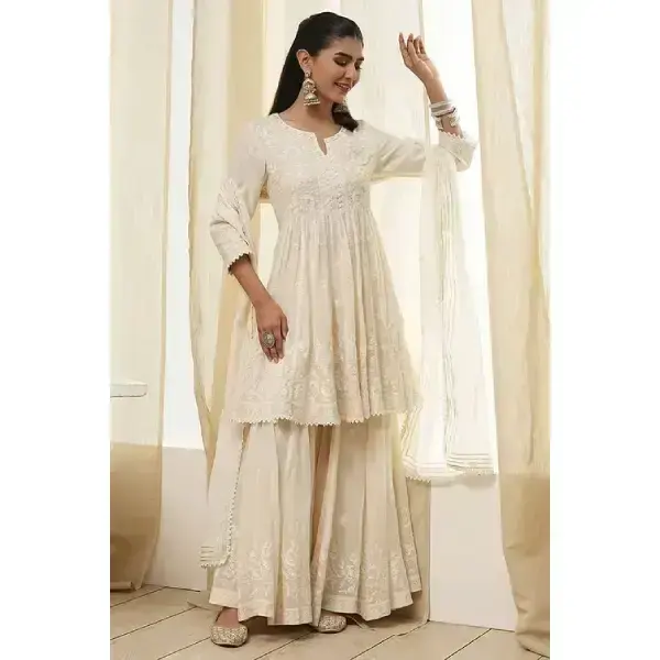 BIBA-Off-White Cotton Embroidered Flared Suit Set
