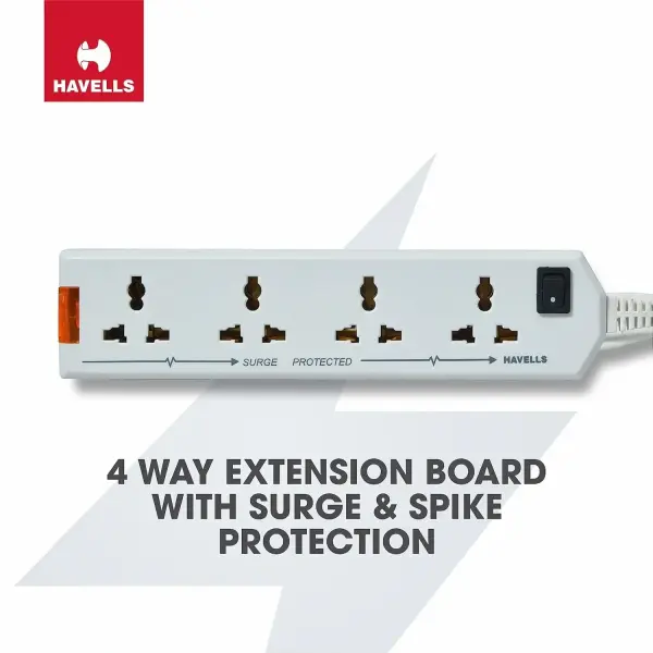 Havells 4 Way Extension Board With Surge & Spike Protection|For Power Requirements up to 1440W |1.5 Mtr High Quality