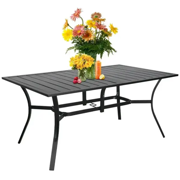 Overstock-60" x 37" Outdoor Patio Rectangular Metal Slatted Dining Table with Umbrella Hole for 6 Person