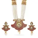 Rubans 18K Gold Plated Red Enamel & Kundan Studded White Pearl Beaded Multistrand Necklace Set for Women & Girls – Wedding & Festive Jewelry