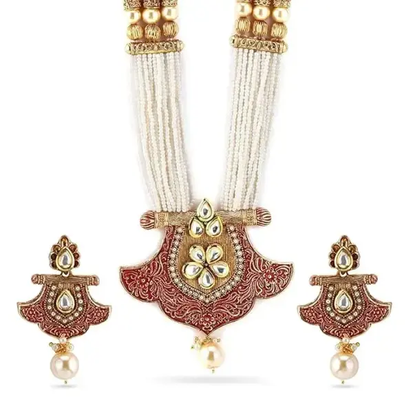 Rubans 18K Gold Plated Red Enamel & Kundan Studded White Pearl Beaded Multistrand Necklace Set for Women & Girls – Wedding & Festive Jewelry
