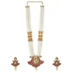 Rubans 18K Gold Plated Red Enamel & Kundan Studded White Pearl Beaded Multistrand Necklace Set for Women & Girls – Wedding & Festive Jewelry