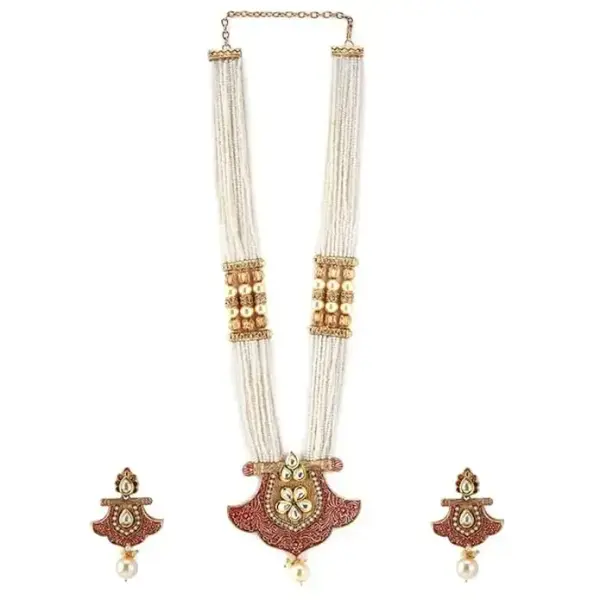 Rubans 18K Gold Plated Red Enamel & Kundan Studded White Pearl Beaded Multistrand Necklace Set for Women & Girls – Wedding & Festive Jewelry