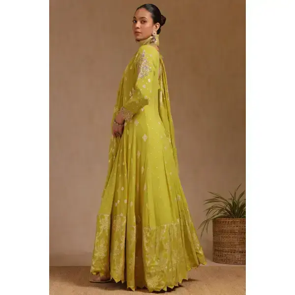 SEASONS-Mustard Georgette Zari Woven Gown With Zardosi